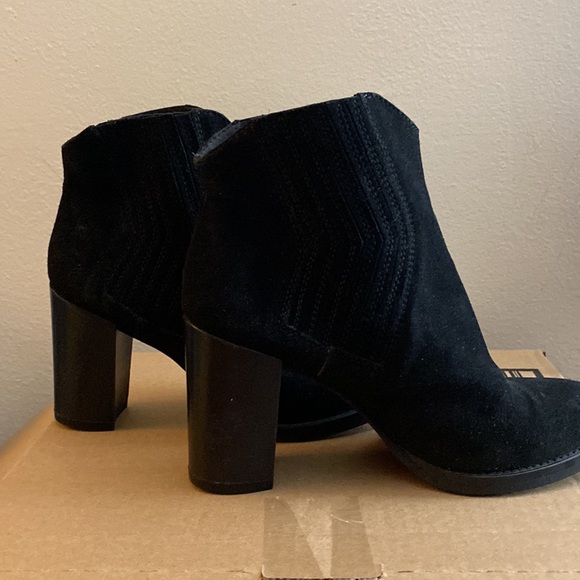 Black suede high heel ankle boots. Bought in Denmark Comfy Stacked 3 1/2” heel. - Picture 3 of 13